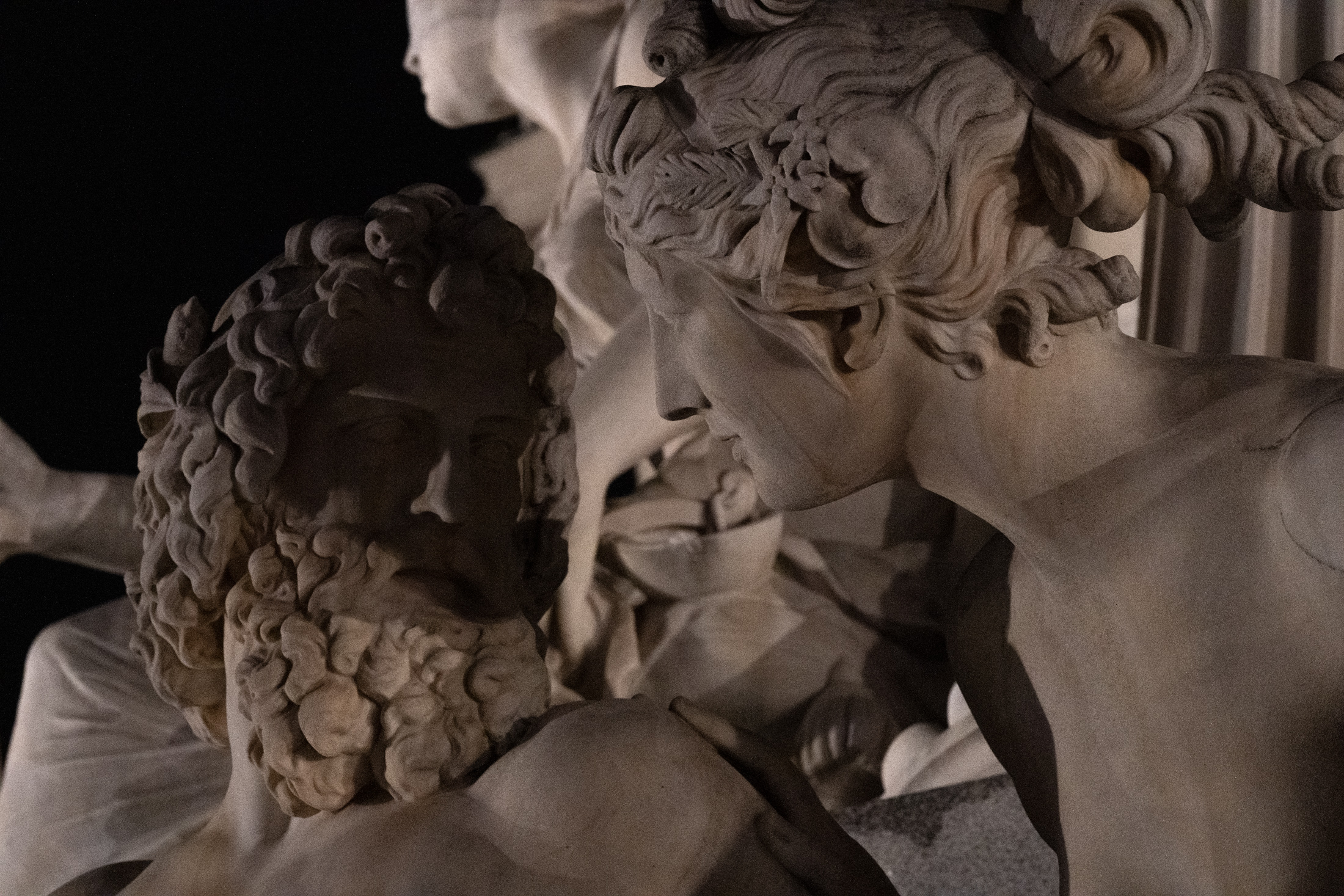 Laocoön, a detail of the writhing marble group at night.